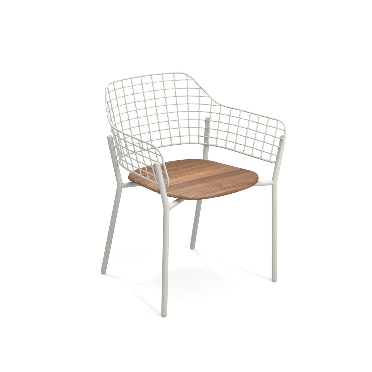 The Lyze Stacking Armchair features a white metal wire grid stainless steel back and armrests, four thin white legs, and a flat wooden seat—a minimalist outdoor indoor chair blending industrial and natural materials on a plain white background.