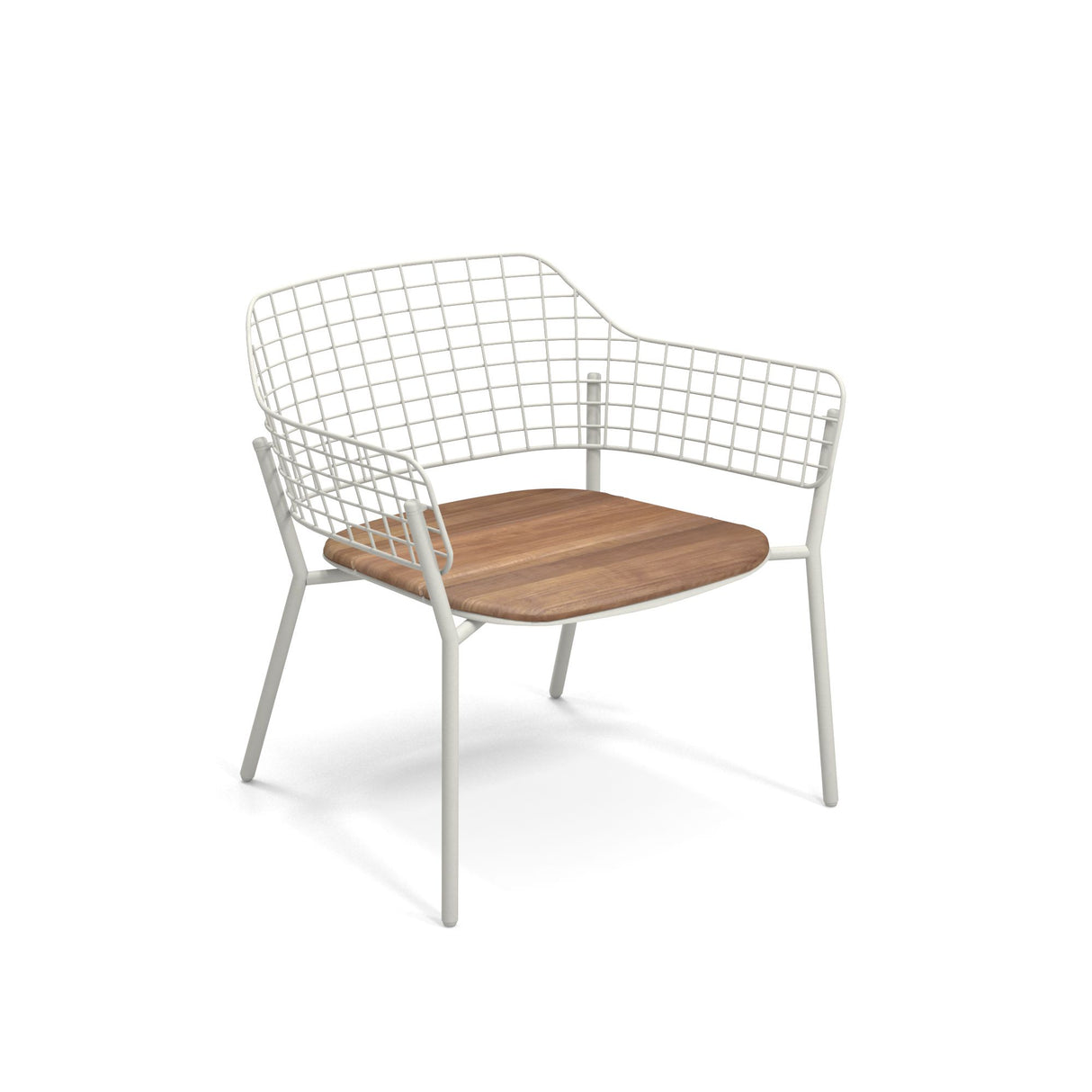 A modern outdoor indoor chair featuring a white metal wire grid frame forming the backrest and arms, a flat wooden seat, and four slender, angled legs. The Lyze Stacking Lounge Chair boasts an open, minimalist design against a plain white background.