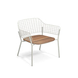 A modern outdoor indoor chair featuring a white metal wire grid frame forming the backrest and arms, a flat wooden seat, and four slender, angled legs. The Lyze Stacking Lounge Chair boasts an open, minimalist design against a plain white background.