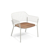 A modern outdoor indoor chair featuring a white metal wire grid frame forming the backrest and arms, a flat wooden seat, and four slender, angled legs. The Lyze Stacking Lounge Chair boasts an open, minimalist design against a plain white background.