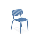 A modern blue metal stacking side chair with a slatted backrest and seat, featuring four straight legs. The minimalist, industrial design makes it ideal as an indoor outdoor chair, shown against a plain white background.