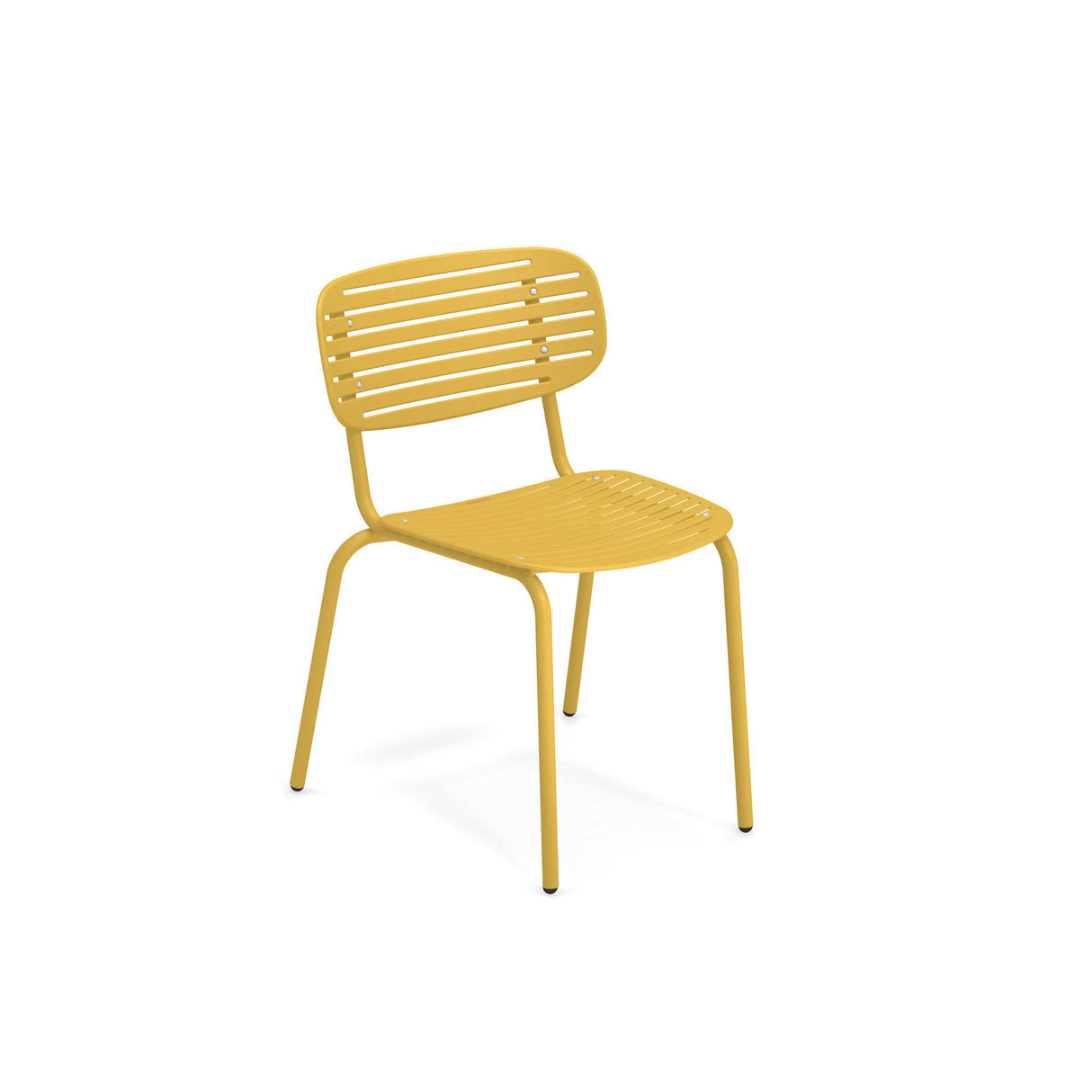 A yellow solid steel chair with a slatted seat and backrest. The Mom Stacking Side Chair features four tubular legs, slightly angled outward, and a simple, modern design. The plain white background highlights its vibrant color and minimalist style.