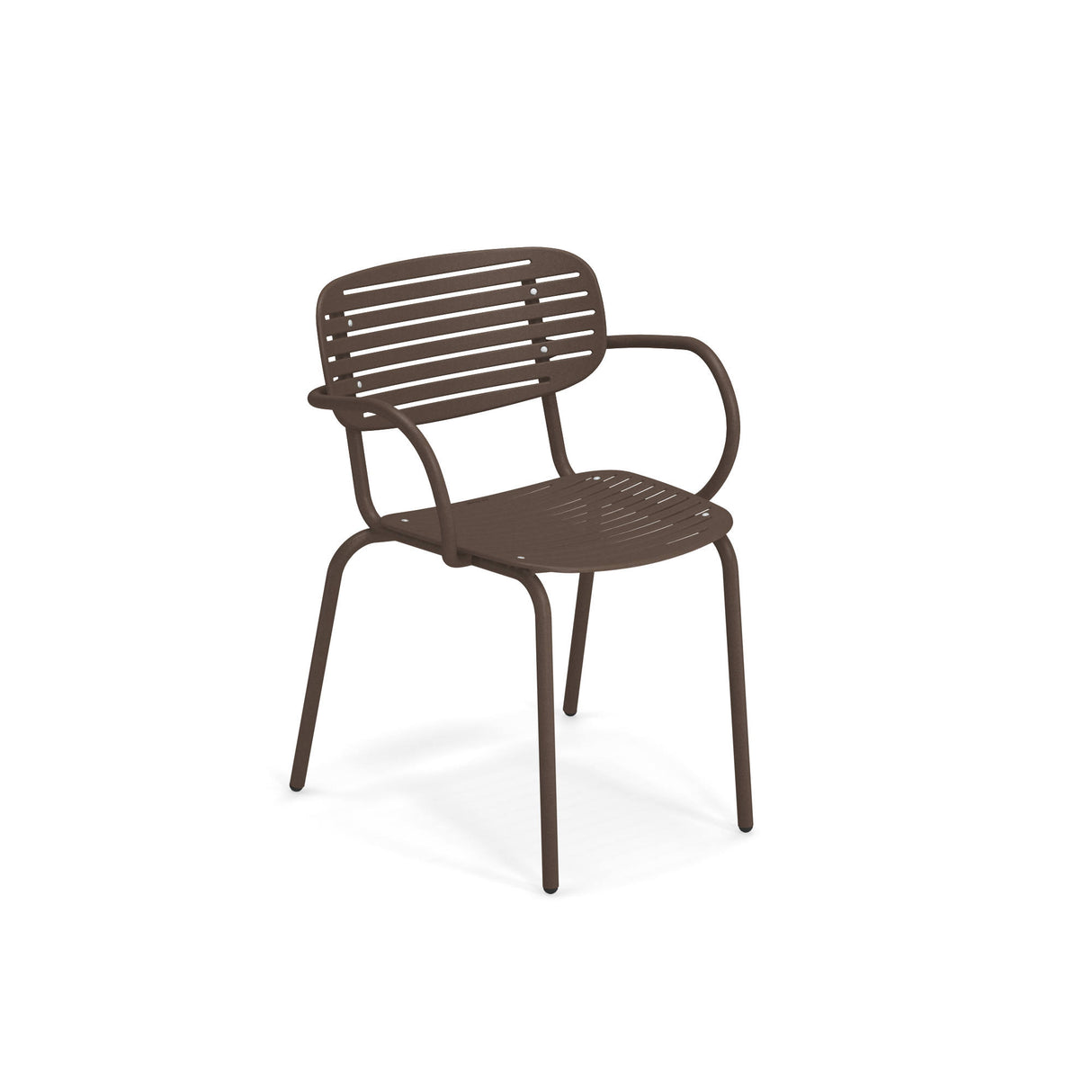The Mom Stacking Armchair is a brown solid steel chair with a slatted seat and backrest, curved armrests, and four slender legs. Its modern, minimalist design with rounded edges suits any outdoor/indoor chair setting, photographed on a plain white background.