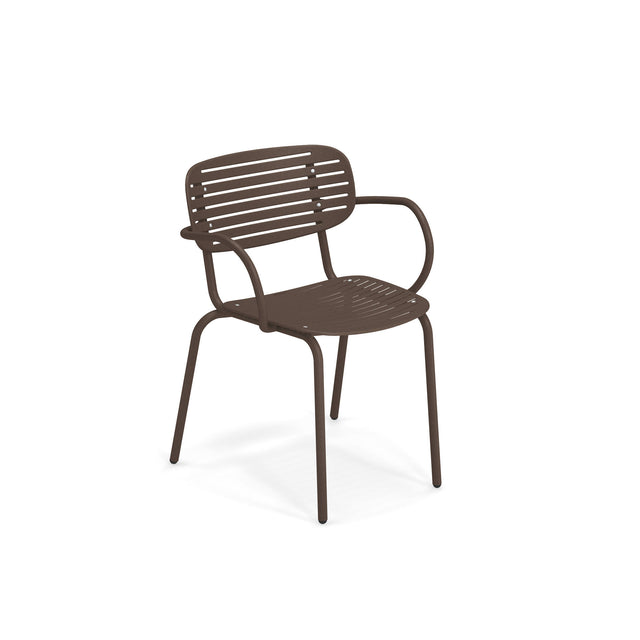 The Mom Stacking Armchair is a brown solid steel chair with a slatted seat and backrest, curved armrests, and four slender legs. Its modern, minimalist design with rounded edges suits any outdoor/indoor chair setting, photographed on a plain white background.