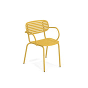 A yellow Mom Stacking Armchair with a curved backrest and seat featuring horizontal slats. This outdoor/indoor chair has slim, rounded armrests and a sturdy steel frame with four tubular legs tipped in black, set against a plain white background.