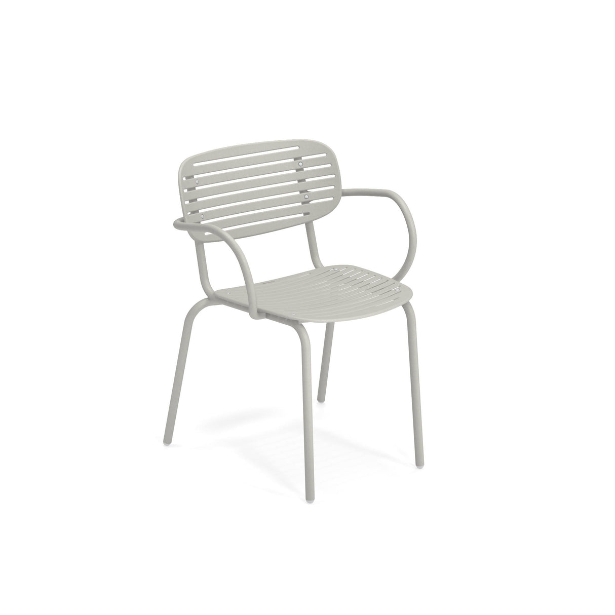A light gray Mom Stacking Armchair, crafted from solid steel, with four legs, gently curved armrests, and a slatted backrest and seat. The simple, modern outdoor chair is shown against a plain white background.