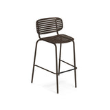 A tall, modern Mom Stacking Barstool with a dark brown solid steel frame. The seat and backrest feature horizontal slats, while four slim legs and a foot bar enhance its minimalist design, perfect for any outdoor barstool setting.