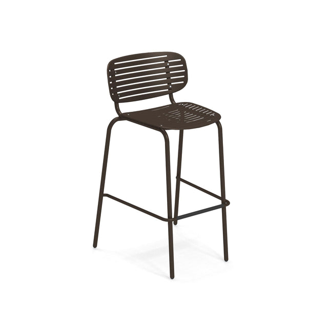 A tall, modern Mom Stacking Barstool with a dark brown solid steel frame. The seat and backrest feature horizontal slats, while four slim legs and a foot bar enhance its minimalist design, perfect for any outdoor barstool setting.