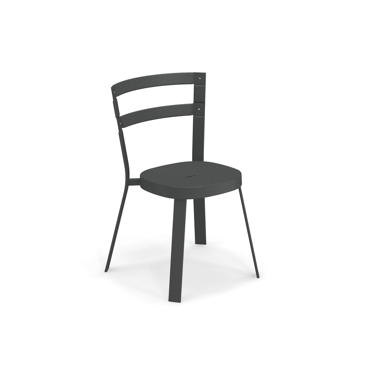 A modern, minimalist Thor Stacking Side Chair with a dark matte finish. It features a rounded seat, tubular steel frame, two horizontal slats forming a curved backrest, and angled legs for a sleek geometric look—perfect as an outdoor/indoor chair.
