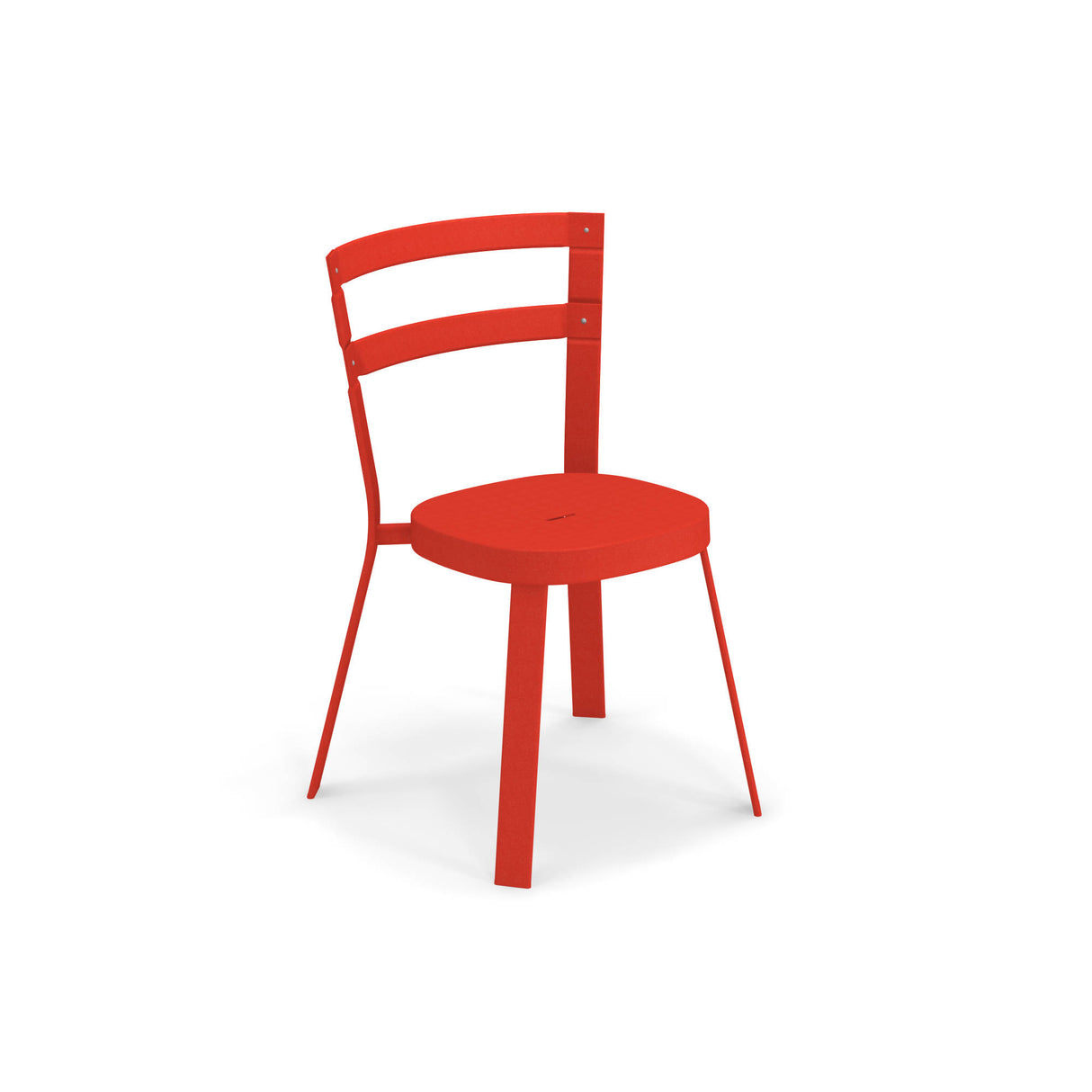 A modern red Thor Stacking Side Chair with three angled legs, a round seat, and a curved, open backrest featuring two horizontal slats. The tubular steel frame highlights its minimalist, geometric design for outdoor/indoor use.