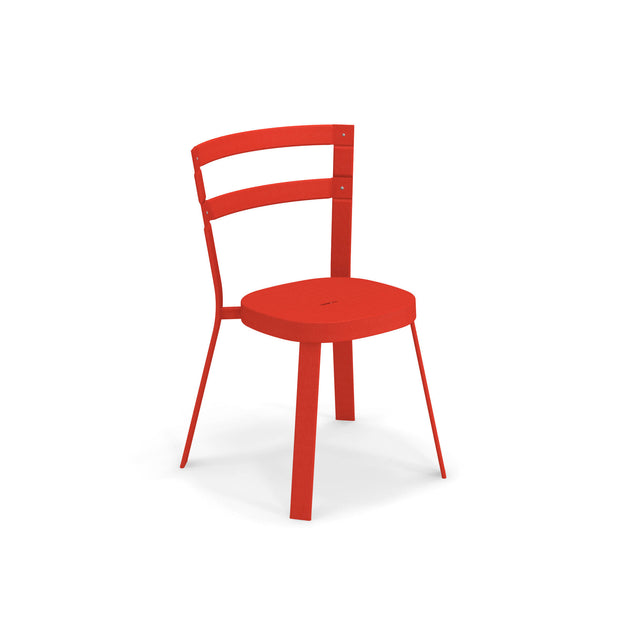 A modern red Thor Stacking Side Chair with three angled legs, a round seat, and a curved, open backrest featuring two horizontal slats. The tubular steel frame highlights its minimalist, geometric design for outdoor/indoor use.
