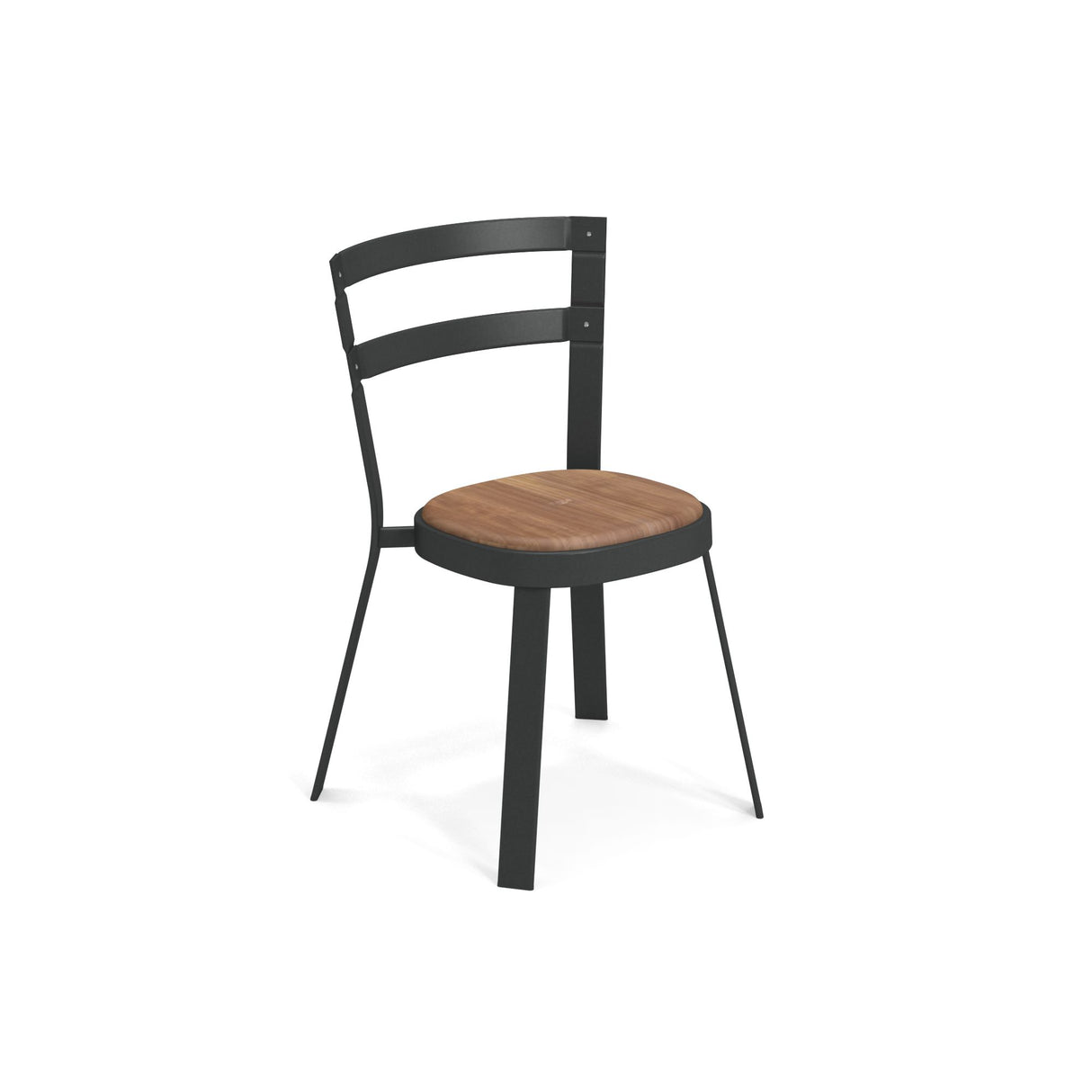 A modern Thor Stacking Side Chair with a black tubular steel frame, three angled legs, a curved open-backrest, and a round teak seat. The minimalist design blends black and wood for a stylish, industrial look against a plain white background.