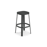A modern steel barstool with a flat, slightly rounded square seat, no backrest, four straight legs, and a circular footrest near the base. This minimalist and functional design suits any space, making it an ideal outdoor barstool.