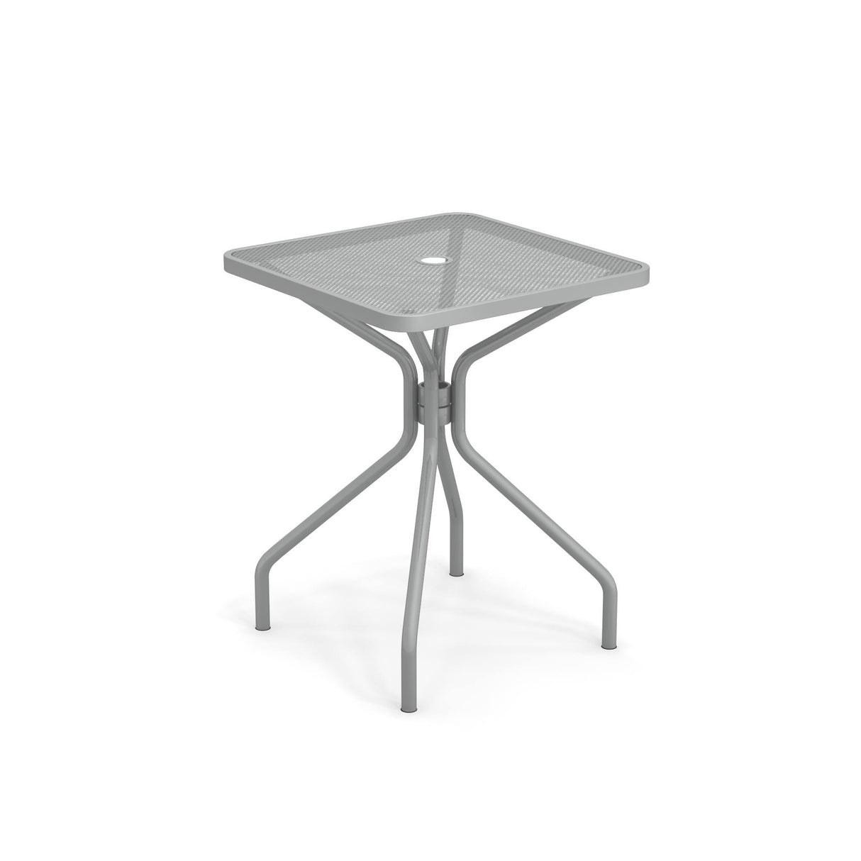 The Cambi Table is a modern, square outdoor indoor table featuring a mesh top with a central hole. Supported by four curved legs that connect in the middle, its gray finish highlights a minimalist, industrial design.