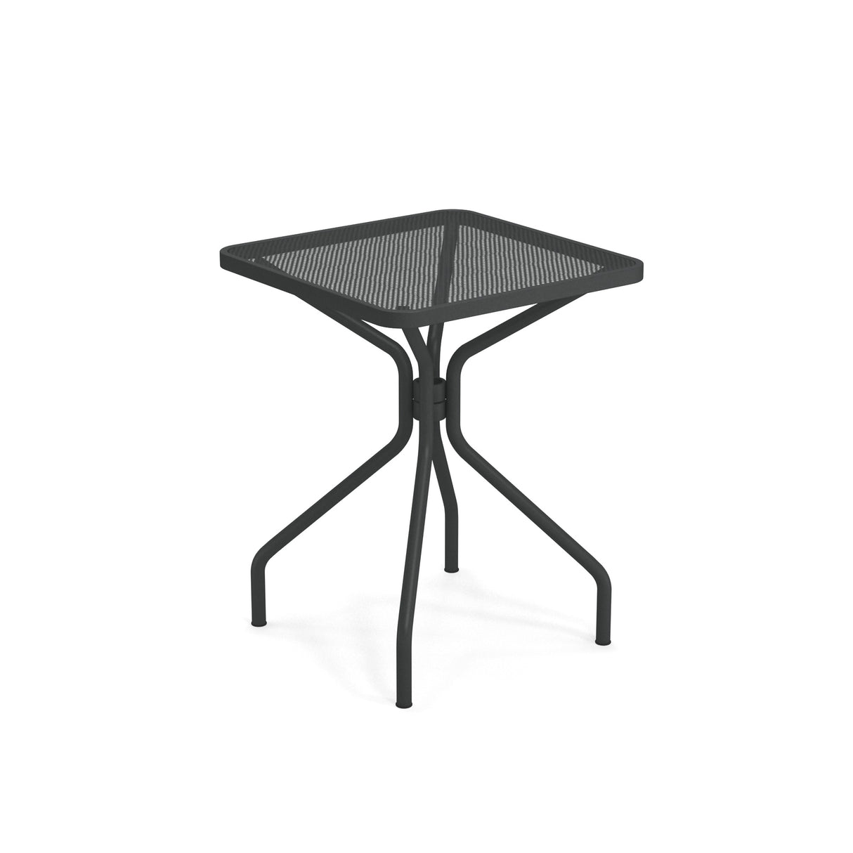 The Cambi Table is a small, square, black metal outdoor table featuring a mesh top and four curved legs meeting at a central support. Its minimalist, modern design with a matte finish suits both indoor and outdoor spaces.