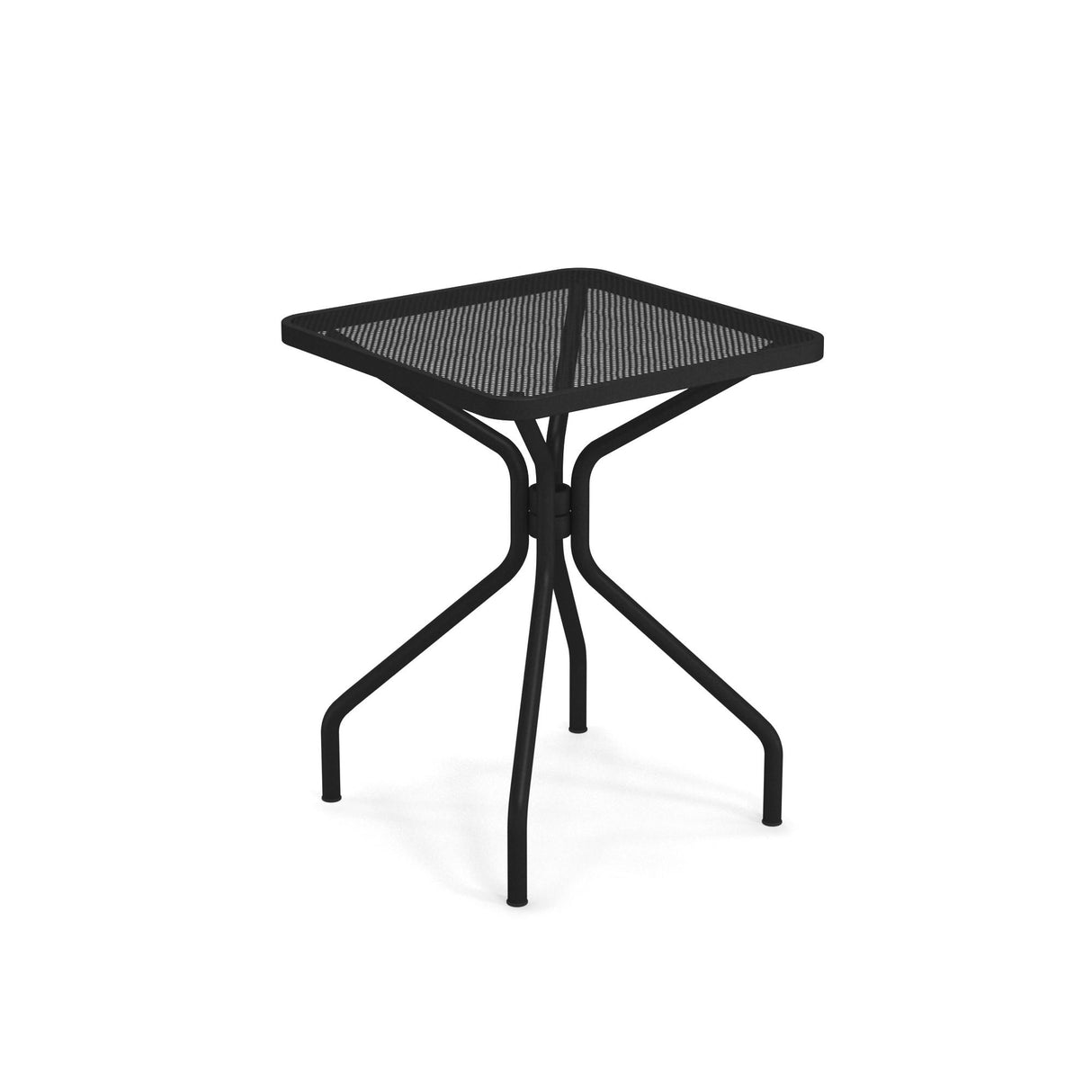 The Cambi Table is a small, square, black metal table with a mesh top. Its four slightly angled legs connect in the center for stability, offering a modern, minimalist design that's perfect for both outdoor/indoor use.