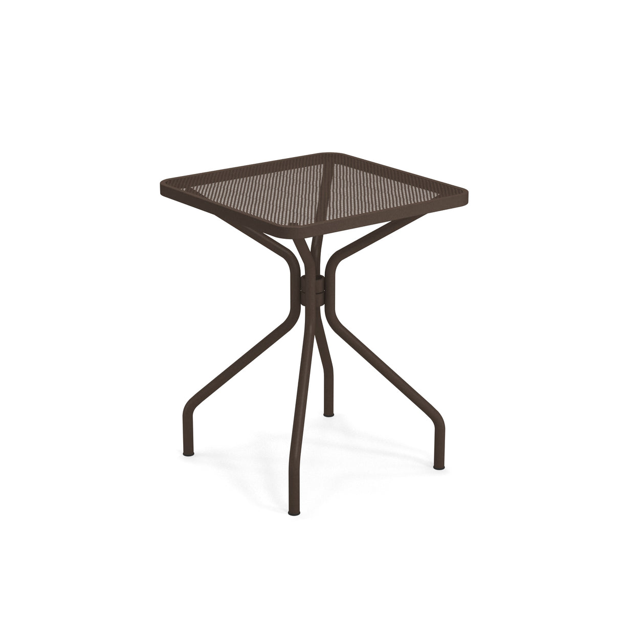 The Cambi Table is a small, square outdoor/indoor table with a brown mesh top. Its four slightly curved legs meet at the center for a sturdy, modern design, while the mesh surface and open frame lend it a lightweight appearance.