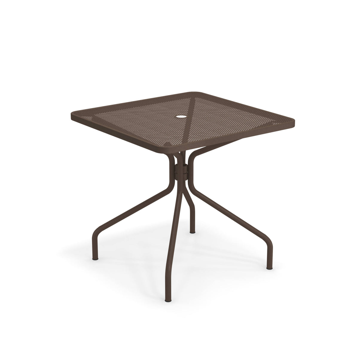 The Cambi Table features a brown metal frame with a square mesh top and four curved legs. Its central umbrella hole and modern design make this outdoor/indoor table a versatile, stylish choice. Plain white background highlights its structure and color.