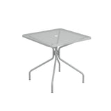 The Cambi Table is a square, light gray mesh top table with four curved legs meeting at a central point below the surface. Featuring a circular hole for an umbrella, this outdoor/indoor table stands out against the plain white background.