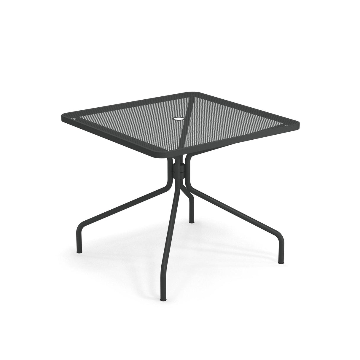 The Cambi Table is a modern, minimalist black metal square table with a mesh top, four outward-angled legs, and a central umbrella hole. Perfect for outdoor/indoor use, it's shown on a white background.
