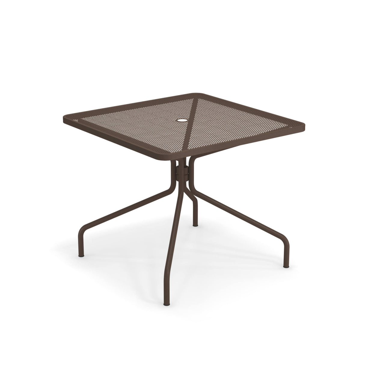 The Cambi Table is a brown metal square table with a mesh top, central umbrella hole, and four slightly curved legs that meet at a central support. Its minimal, modern design makes it perfect for outdoor/indoor use.