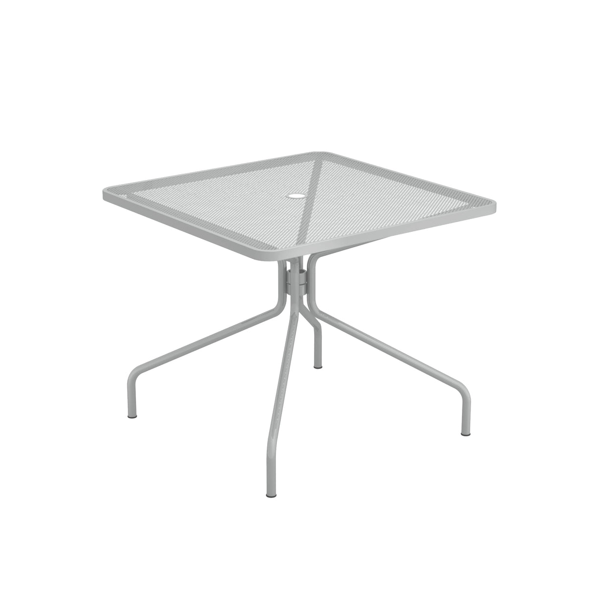 The Cambi Table is a square, light gray outdoor/indoor table with a mesh top, rounded corners, and simple tubular legs that angle outward. A small circular hole in the center allows for an umbrella pole. The design is minimalist and modern.