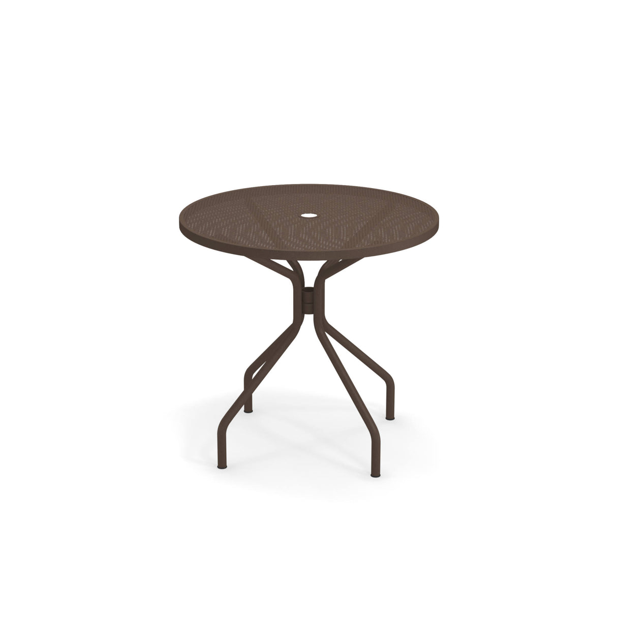 A round, brown Cambi Table with a mesh top and a central hole, supported by four bent legs that connect near the base. This outdoor indoor table is shown on a plain white background.