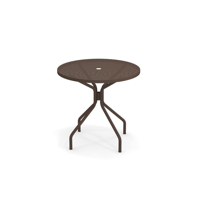 A round, brown Cambi Table with a mesh top and a central hole, supported by four bent legs that connect near the base. This outdoor indoor table is shown on a plain white background.