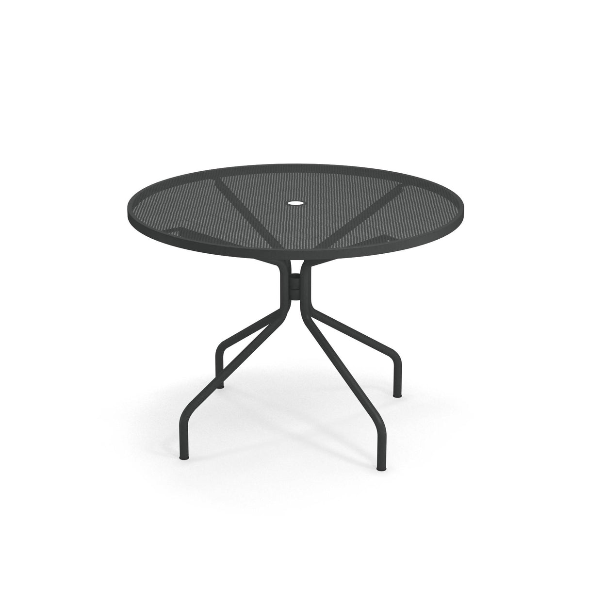A round, black Cambi Table with a mesh top and a central hole for an umbrella. Its four legs angle outward and curve at the base for stability. Suitable as an outdoor/indoor table, it features a plain white background.
