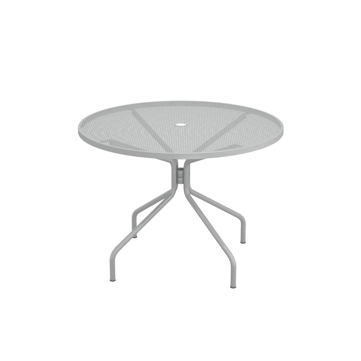 The Cambi Table is a round, gray metal outdoor/indoor table featuring a mesh top and four angled legs converging at the center. Its minimalist, modern design includes a small hole in the middle, perfect for an umbrella. Shown on a plain white background.