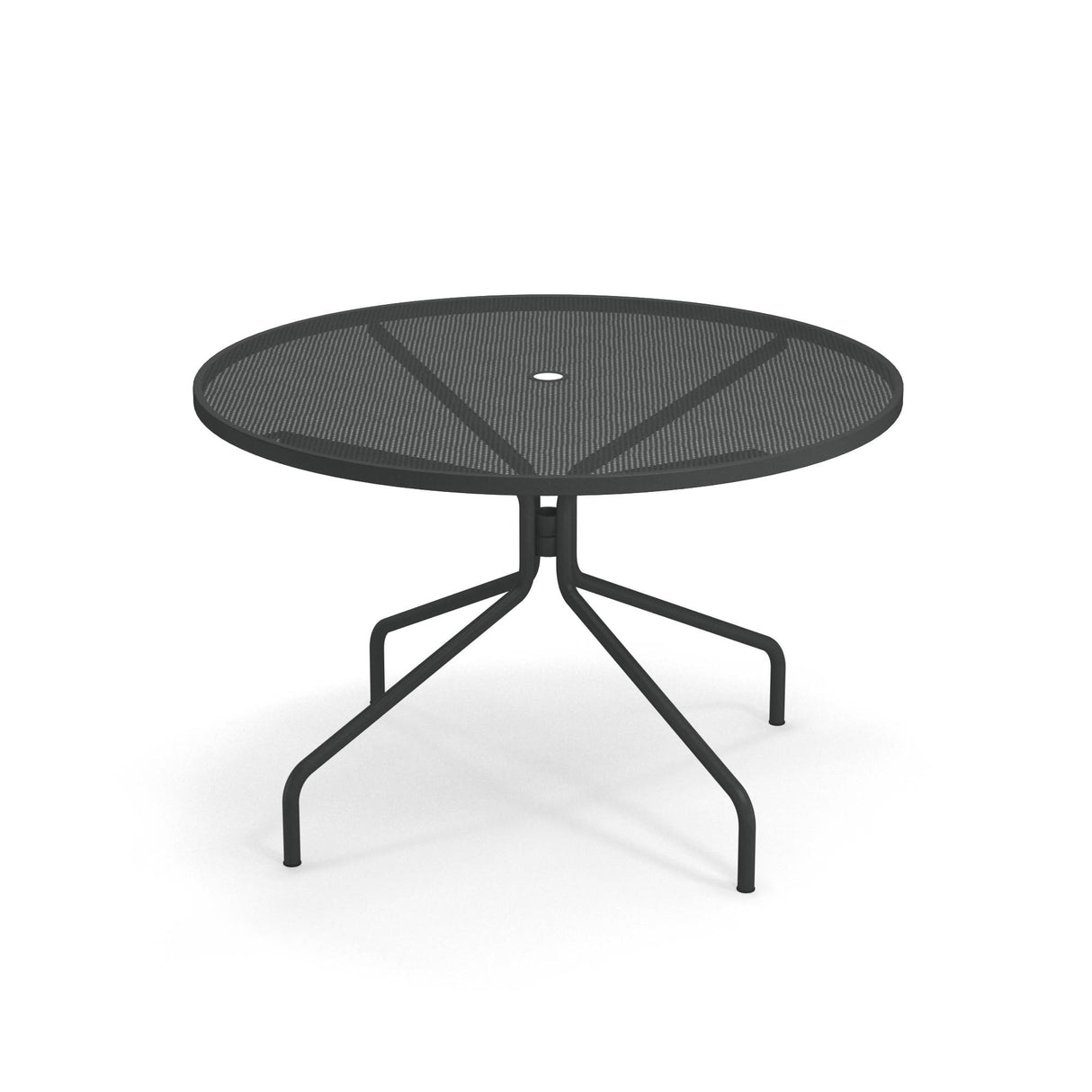 A round, black Cambi Table with a mesh top and a central hole for an umbrella. This outdoor table features slender, angled legs that branch out for stability, casting soft shadows on a white background.