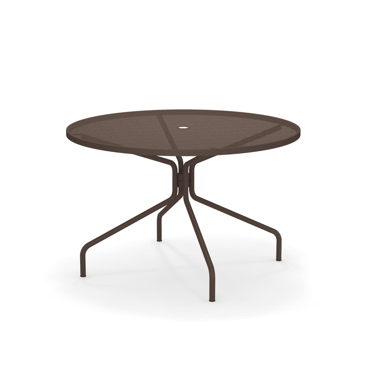 The Cambi Table features a round, brown metal frame with a mesh top and central umbrella hole. Its four slender, curved legs offer stability, making it perfect for outdoor/indoor spaces. The plain white background highlights its sleek design.
