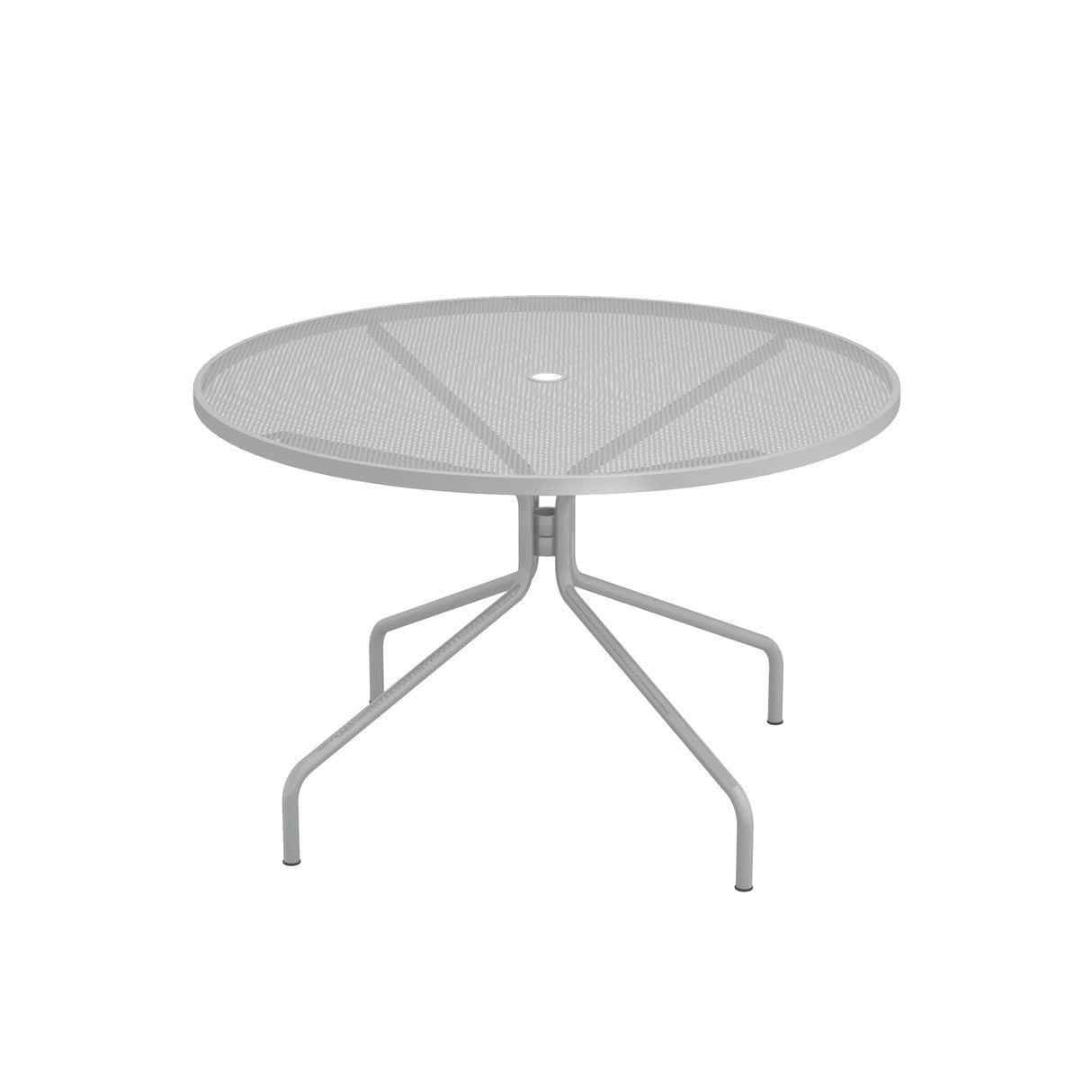 The Cambi Table is a round, metal mesh top outdoor table with a light gray finish and four gently curved legs extending outward from a central support. Its minimalist, modern design features a center hole for an umbrella, perfect for any patio setting.