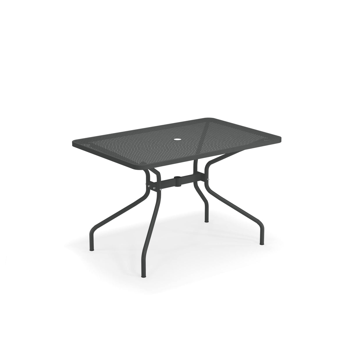A rectangular mesh outdoor table with a black metal tabletop and four angled legs. Featuring a central hole for an umbrella, this drink table combines simple, modern design with stability, set against a white background.