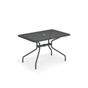 A rectangular mesh outdoor table with a black metal tabletop and four angled legs. Featuring a central hole for an umbrella, this drink table combines simple, modern design with stability, set against a white background.