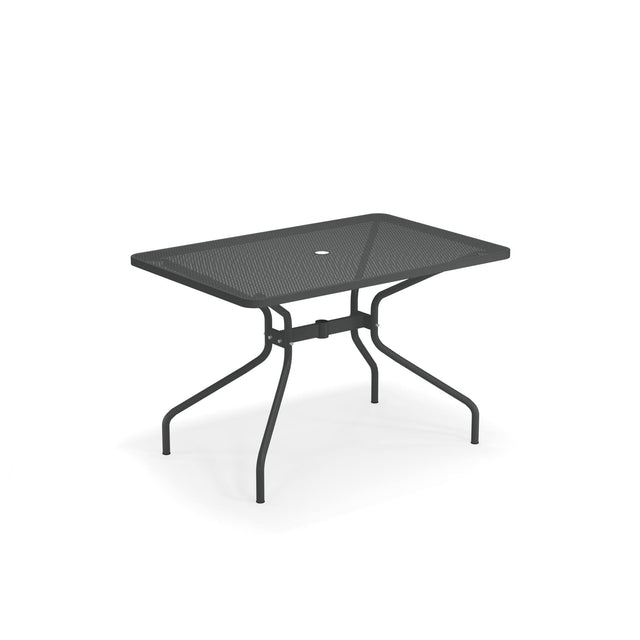 A rectangular mesh outdoor table with a black metal tabletop and four angled legs. Featuring a central hole for an umbrella, this drink table combines simple, modern design with stability, set against a white background.