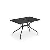 A black rectangular Drink Table with a mesh top and four curved legs. Designed for outdoor/indoor use, it features a central hole for an umbrella and a simple, modern style, set against a plain white background.
