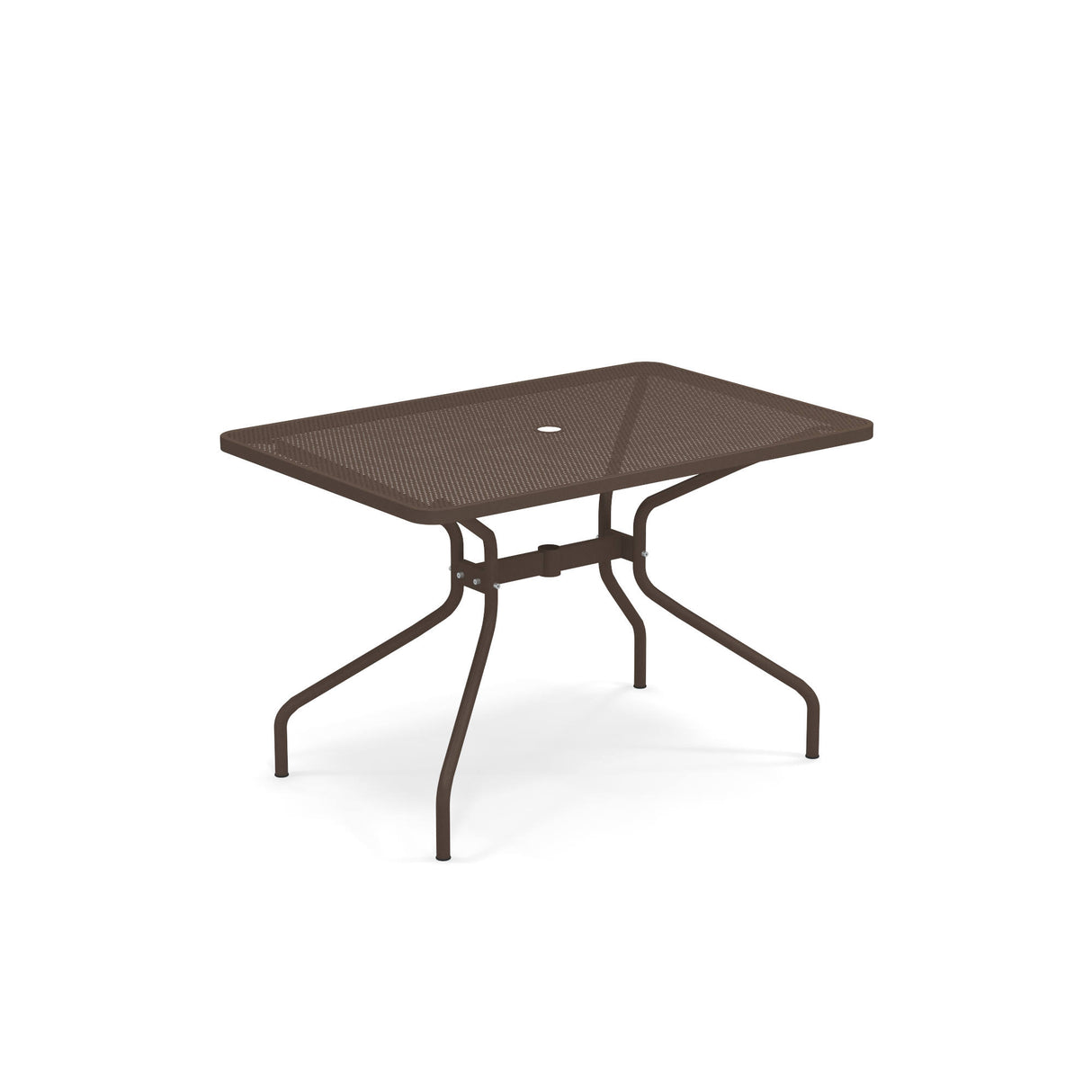 A brown metal rectangular Drink Table with a mesh top, curved legs, and a circular hole in the center—perfect for outdoor or indoor settings. The table is photographed on a white background.