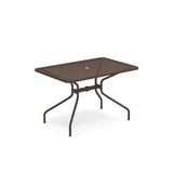 A brown metal rectangular Drink Table with a mesh top, curved legs, and a circular hole in the center—perfect for outdoor or indoor settings. The table is photographed on a white background.