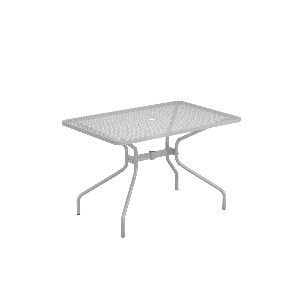 A rectangular metal mesh top Drink Table with four curved legs and a small circular hole in the center, designed for outdoor/indoor use. The table is light gray, sturdy, and features a simple, modern design against a plain white background.