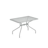 A rectangular metal mesh top Drink Table with four curved legs and a small circular hole in the center, designed for outdoor/indoor use. The table is light gray, sturdy, and features a simple, modern design against a plain white background.