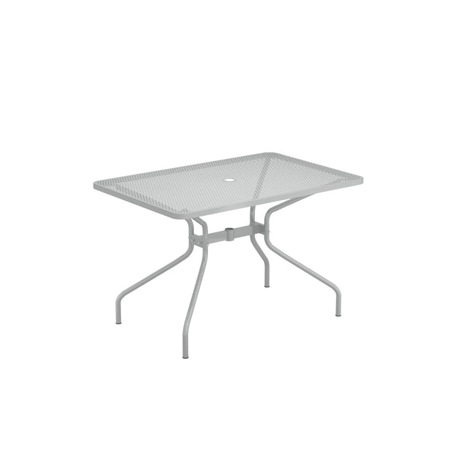 A rectangular metal mesh top Drink Table with four curved legs and a small circular hole in the center, designed for outdoor/indoor use. The table is light gray, sturdy, and features a simple, modern design against a plain white background.