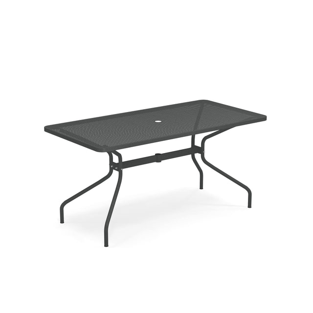This rectangular mesh top table features a black metal finish, four curved legs, and a central hole for an umbrella. Its sturdy crossbar design makes it the perfect outdoor drink table for patios or gardens.