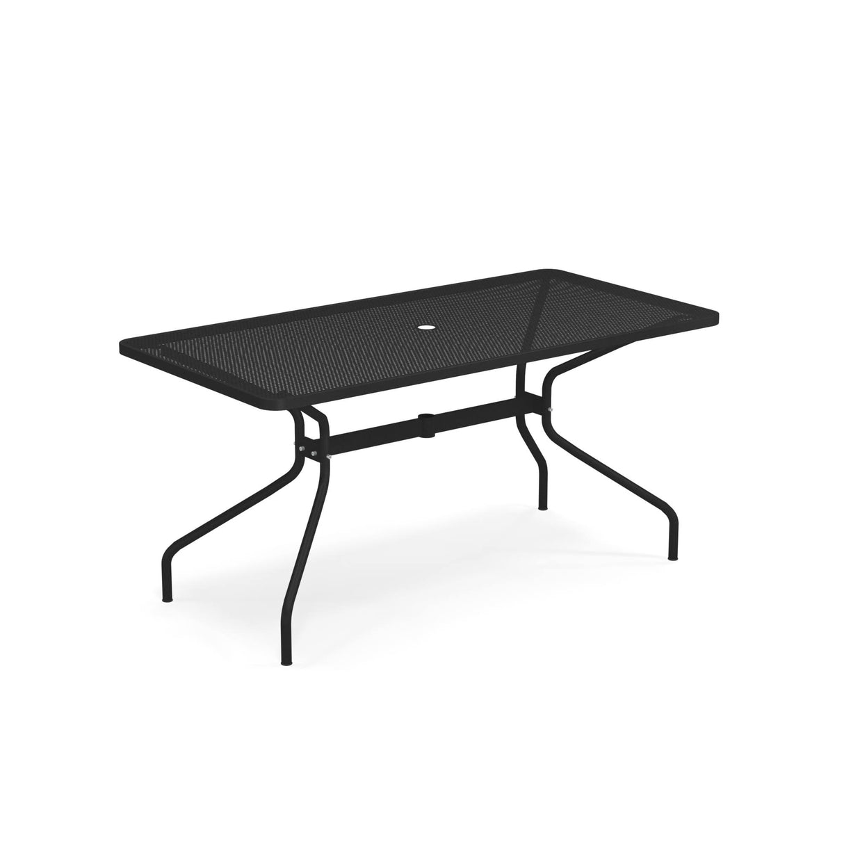 A rectangular mesh outdoor drink table with a black e-coated steel frame, mesh top, four slightly curved legs, and a central umbrella hole. The minimalist, modern design is showcased against a plain white background.