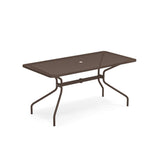 A rectangular steel table with a brown, mesh-patterned top and curved legs. This mesh top table features a central circular hole for an umbrella, making it a stylish outdoor drink table. The background is plain white.