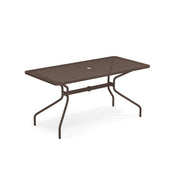 A rectangular steel table with a brown, mesh-patterned top and curved legs. This mesh top table features a central circular hole for an umbrella, making it a stylish outdoor drink table. The background is plain white.