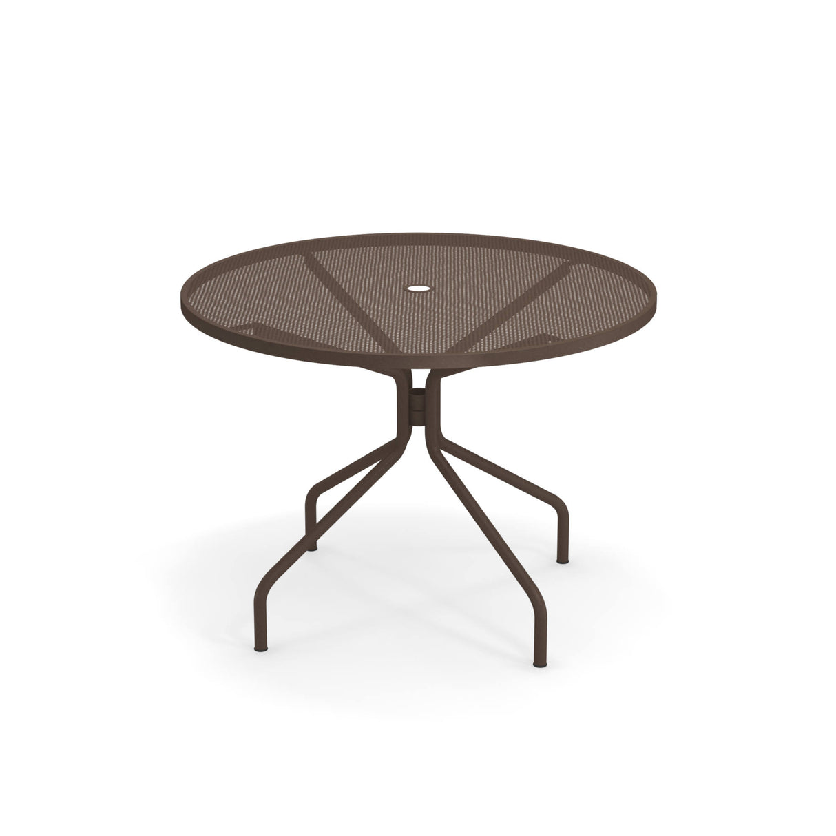 The Cambi Table is a round, metal outdoor table with a mesh top and four angled legs, all in dark brown. It features a small circular hole in the center for an umbrella and is set against a plain white background.
