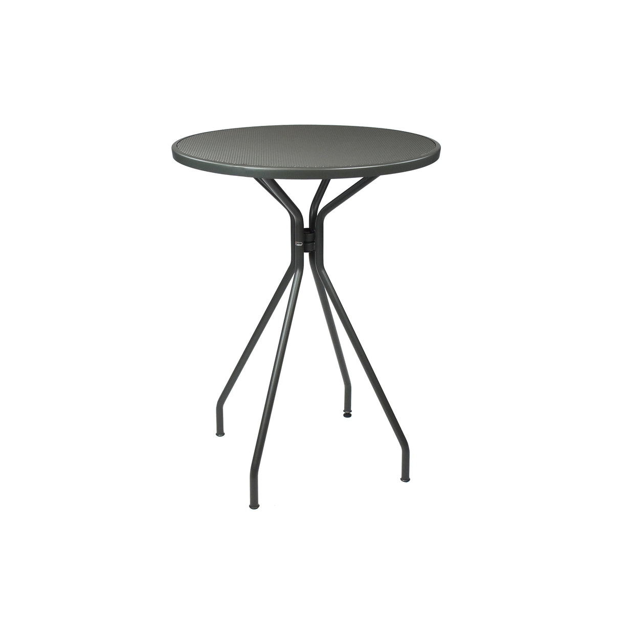 The Cambi Bar Table is a small, round, dark gray metal outdoor/indoor table with a textured mesh top. Its four slender, angled legs converge at a central point, giving it a modern, minimalist look against a plain white background.