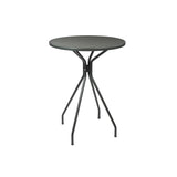 The Cambi Bar Table is a small, round, dark gray metal outdoor/indoor table with a textured mesh top. Its four slender, angled legs converge at a central point, giving it a modern, minimalist look against a plain white background.