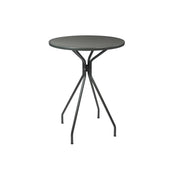 The Cambi Bar Table is a small, round, dark gray metal outdoor/indoor table with a textured mesh top. Its four slender, angled legs converge at a central point, giving it a modern, minimalist look against a plain white background.